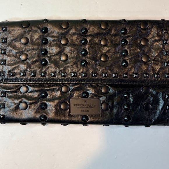 BCBGMaxAzria Handbags - BCBGMaxAzria Black Studded Leather Fold-Over Clutch/Wristlet Rock Chic Bag